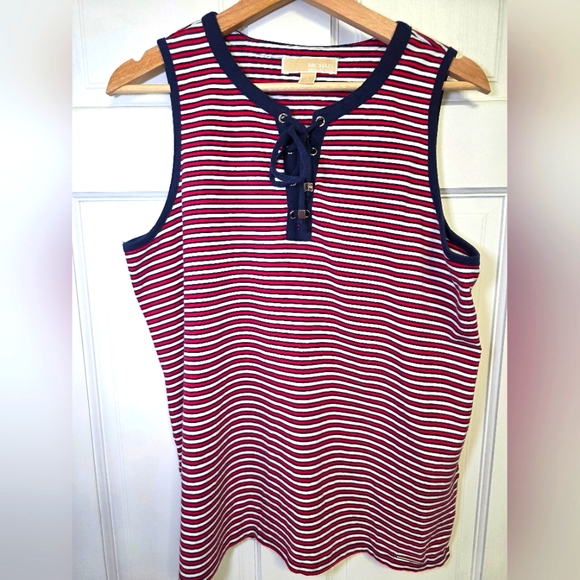 Michael Kors Sleeveless Tank Top Striped Blue Red White Front Tie- Size Lg - Picture 1 of 7